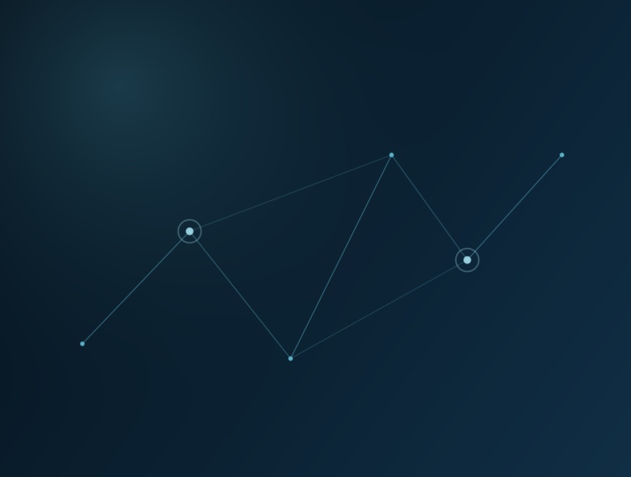 A network of nodes joined by routes, two of them larger hubs