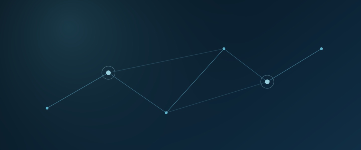 A network of sites connected by routes, two of them larger hubs